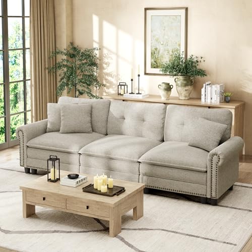 Image of HERA'S HOUSE 103.1 inch Modular Sectional Couch for Living Room Deep Seats | Mid-Century Modern 3-Seater Cloud Sofa, Light Grey, Rolled Arms & Nailhead Trim, Wider & Deeper Seats, Soft Linen