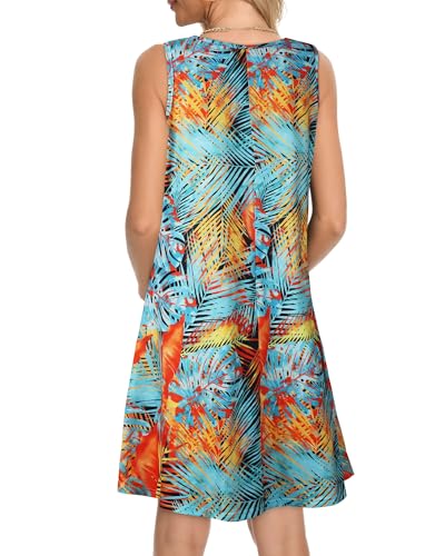 Image of elescat Womens Summer Dresses Casual V Neck Sleeveless Pockets Beach Loose Tank Sundress (Tropical Leaves, 2XL)