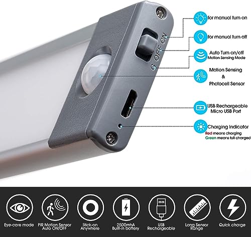 Image of LED Motion Sensor Closet Light, Under Cabinet Lighting Wireless, USB Rechargeable Kitchen Cupboard Night Light, Under Counter Closet Light Battery Operated for Kitchen Cupboard, Wardrobe (30LED)