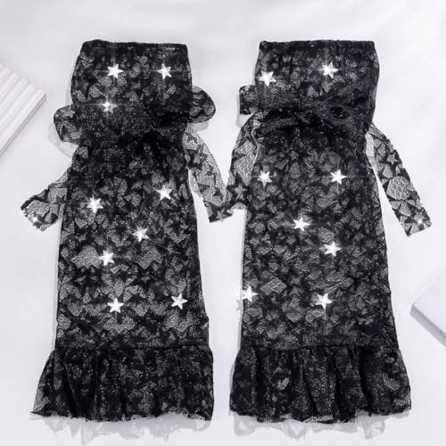 Image of Leg Warmers Lace Star Ruffle Long Thigh Highs Socks Black Y2K Leg Warmers for Women