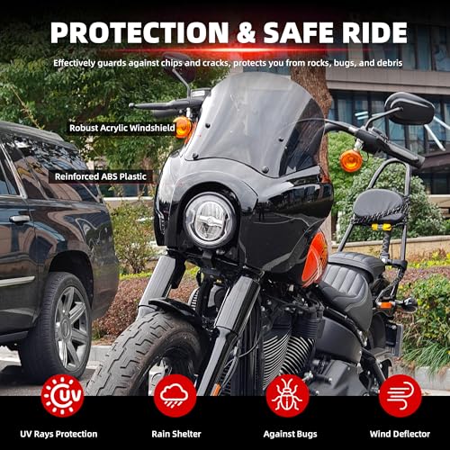 Image of FATECIM Motorcycle Headlight Fairing with 13 inch Smoke Windshield Windscreen Club Style for Harley Dyna T-Sport FXDXT FXD FXDC FXDB FXDL FXDLS