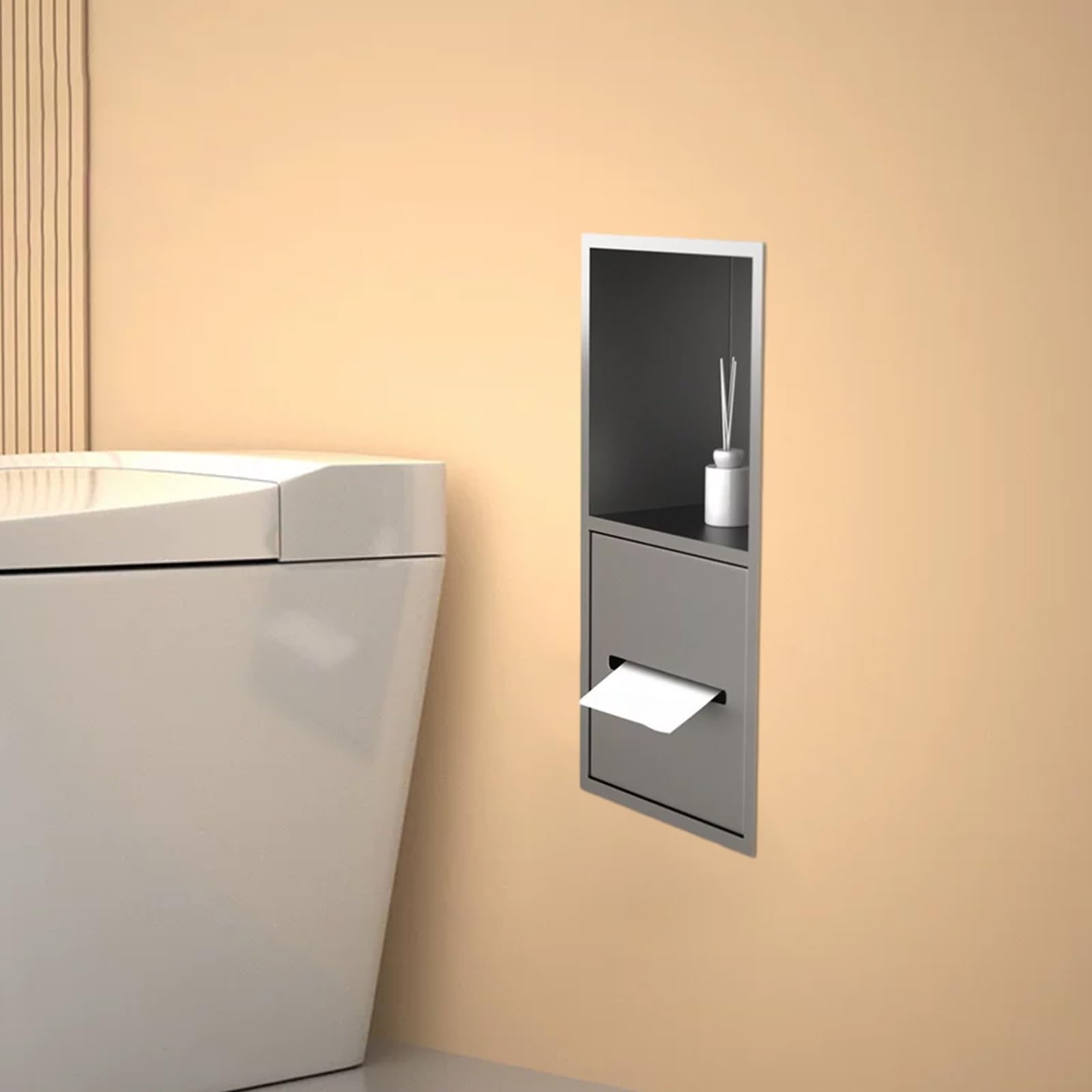 Toilettenpapierhalter Unterputz Gefertigt aus Edelstahl,Verdeckter Toilettenpapierhalter mit Ablagefach,für Badsanierung und Einbauaufbewahrung,die Wandnische Neben der Toilette(Gray)
