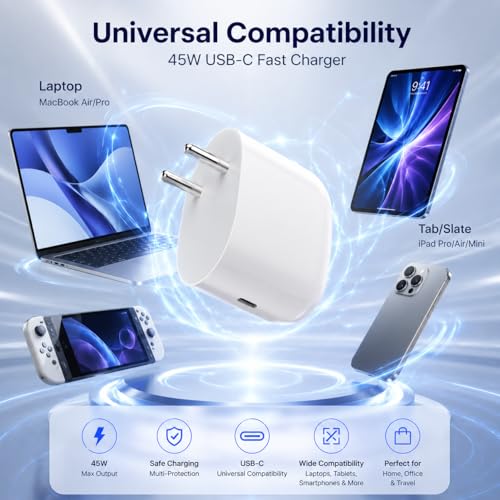 Image of Google 45W Type C Rapid Charging Adapter with 1M USB C Cable for Google 10,9, Pro, XL, Fold, A,8,8 Pro,7, 7 Pro, Pixel Tablet /Slate /Chromebook,4a,4a Pro| Support Other USB C 45 W Quick Charger, White