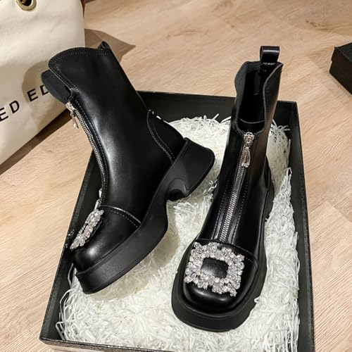 Women'S Fashion Ankle Boots, Square Toe, Metal Rhinestone Accents, Thick Sole, High Heel, All-Season Comfort Plus Size2