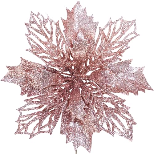 Winlyn 24 Pcs Christmas Glittered Poinsettia Picks Rose Gold Glitter Mesh Holly Leaf Artificial Poinsettia Flowers Christmas Tree Ornaments 5.9' W for Rose Gold Christmas Tree Wedding Centerpiece