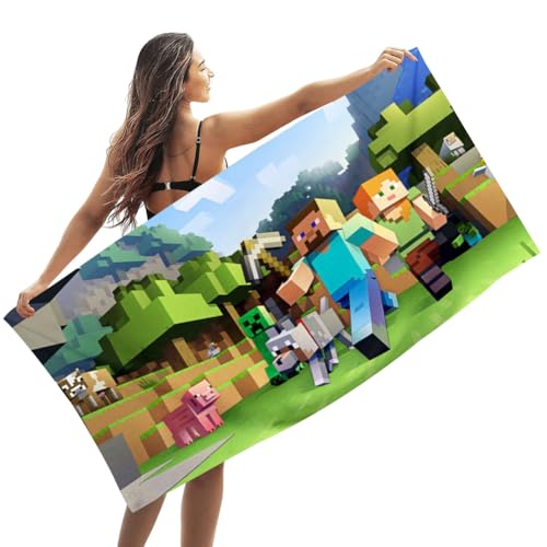 Miinnecraft Beach Towel, Microfibre Bath Towel Children's Bath Super Soft Absorbent Beach Blanket Portable Sauna Towel Camping Towels Lightweight Swim Bath Towel for Pool Swim Beach Yoga Camping
