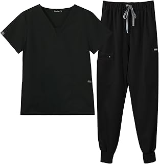 Scrubs Set for Women and Men - Fit V-Neck Scrubs Top & Jogger Pants Workwear Stretch Nursing Uniforms(10 Pockets)