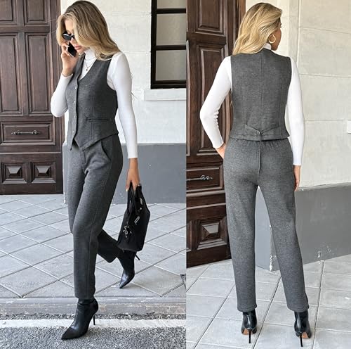 Women's 2 Piece Outfits Wool Blend Vest Waistcoat Dressy Casual Sets Winter Thick Cropped Pants Suits3