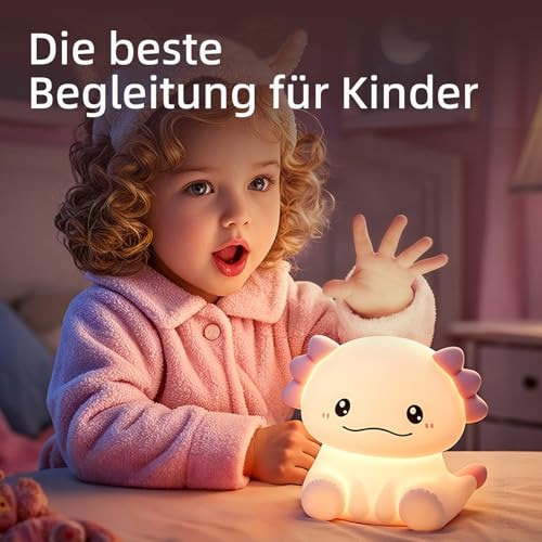 JVURICE Axolotl Nachtlicht Kinder Silikon Lampe Dimmbar Tier Touch Aufladbare Kinderlicht Schlafzimmer Led Night Light Dekor Kinder Geschenke Für Mädchen Junge Weihnachtsgeschenke Schlummerleuchten