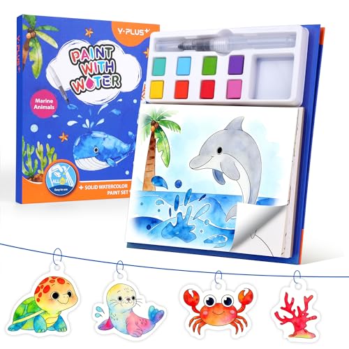 YPLUS Libro de Pintura con Agua para Niños 3-6 Años - Libro de Colorear con 8 Colores y Efecto Mágico - Libro de Manualidades con Pincel de Agua, Bricolaje desde 4 Años（Tema Animales Marinos）