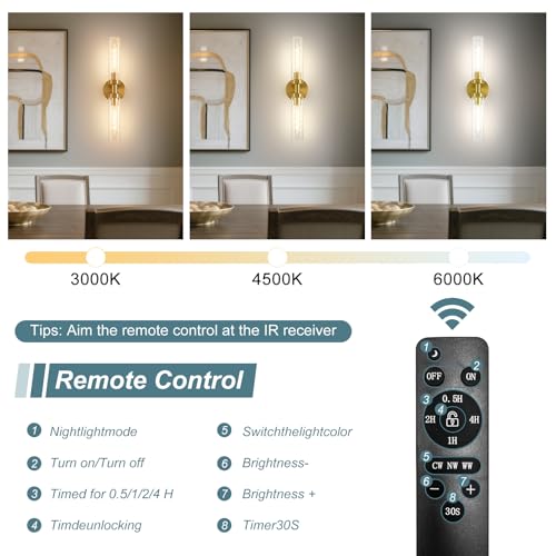 Image of Battery Operated Wall Sconces, Wall Sconce Set of 2, 3000K-6500K Gold Rechargeable Wall Lamp with Remote, Indoor Non-Hardwired Wall Sconce, Modern Vanity Light for Bedroom, Living Room, Aisle