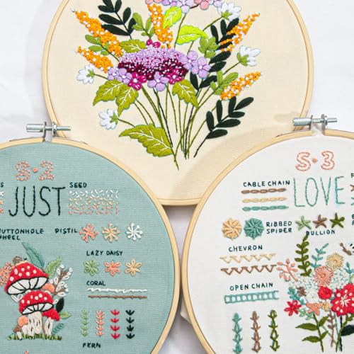 Image of LX LERMX Embroidery Kit for Beginners Adults, 34 Stitch Techniques with Floral Patterns, Complete DIY Kit with Stamped Patterns, Hoop, Colorful Threads, Tools (Pattern 1)