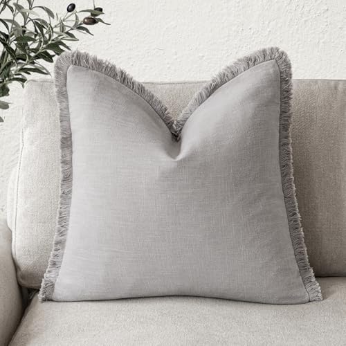 Image of Foindtower Decorative Linen Fringe Throw Pillow Covers Cozy Boho Farmhouse Cushion Cover with Tassels Accent Pillowcase for Chair Sofa Bed Living Room Home Decor, 20x20 Inch, 1PC,Light Rustic Gray