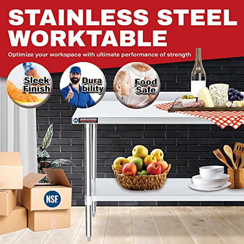 Image of DuraSteel NSF Commercial Kitchen Table - 24 x 48 Inch Cooking Prep Stainless Steel Kitchen Island Workstation w / Adjustable Under Shelf - Heavy Metal Backsplash Workbench For Restaurant, Home, Garage