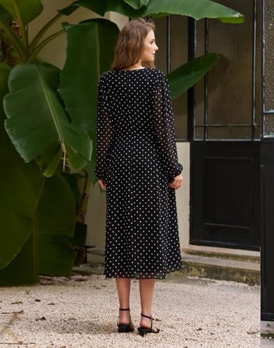 Women's Long Sleeve Midi Dress Spring 2025 Floral Tie Waist Chiffon Polka Dot Work Wedding Guest Dress with Pockets4
