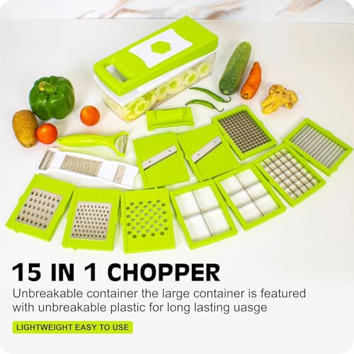 Image of Tekcool 15 in 1 Multipurpose Chopper, Fruits & Vegetable Cutters, Grater Peeler Chipser, Unbreakable Food Grade Body, Easy Push to Clean Button Slicer Dicer, Chopper for Kitchen (Green, Plastic)