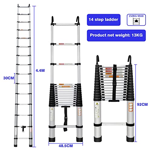 Telescoping Ladder, Aluminum Folding Ladder With 2 Detachable Hooks, Lightweight Portable Extension Ladder En131 Sturdy Ladder With Non-Slip Feet,Attic Ladder For Home 330Lbs Max Capacity 14.4Ft 4.4M #TOP1