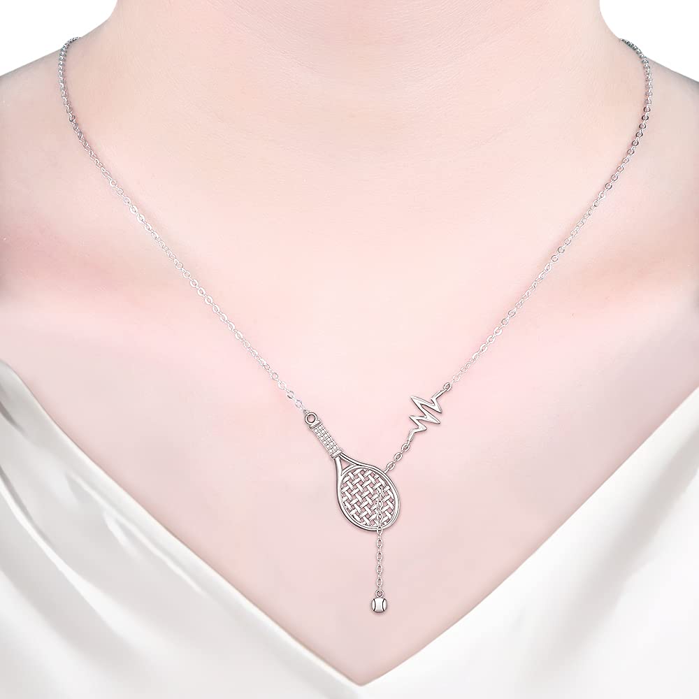 Collar de plata de ley con cadena de tenis, raqueta de tenis y bola colgante de latido del corazón de la joyería deportiva de tenis regalos para las niñas amantes