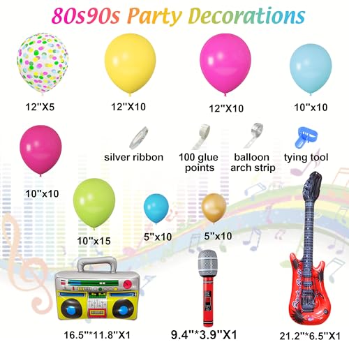 Amandir 90s 80s Theme Party Decorations, 90Pcs Balloon Arch Kit 6PCS Inflatable Retro Disco Ball Microphone Rainbow Roller Skate Boom Box Guitar Balloon for Back to 90s 80s Hip Hop Birthday Supplies - Image 3