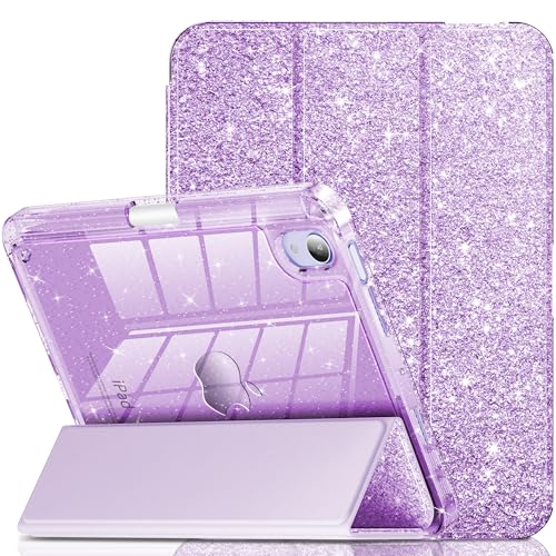 INFILAND Funda para iPad Mini 7ª (A17 Pro) / 6ª generación 2024/2021, iPad Mini 6/7 de 8.3 pulgadas, bonita funda protectora con purpurina con parte trasera transparente brillante, soporte para