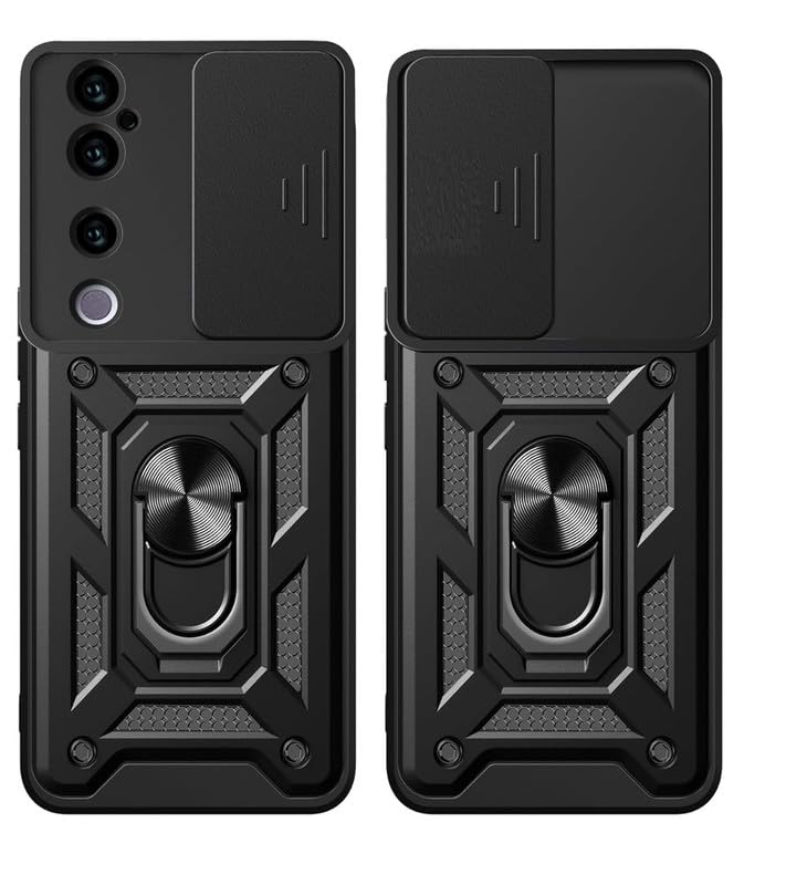 Anti-Scratch Shockproof Rugged Hard Armour Cover with Slide Camera Cover + Rotating Finger Ring Stand for Vivo V40 / Vivo V40 Pro 5G – Black (Sliding Camera Window) Anti-Scratch Shockproof Rugged Hard Armour Cover with Slide Camera Cover + Rotating Finger Ring Stand for Vivo V40 / Vivo V40 Pro 5G – Black (Sliding Camera Window)