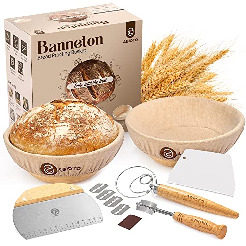 Banneton Bread Proofing Basket Set of 2 with Sourdough Bread Baking Supplies - A Complete Bread Making Kit Including 2 Proofing Baskets, Danish Whisk, Bowl Scraper, Dough Scraper, & Bread Lame
