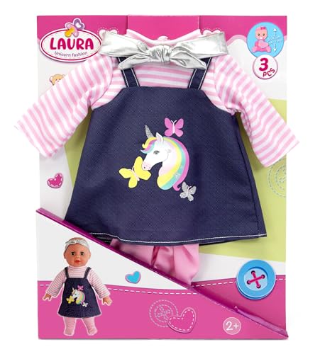 Simba Laura Einhorn Fashion, 3 Teile, Kleid mit glitzerndem Einhorndruck, Stirnband und Strumpfhose für 36-43cm Puppen, ab 2 Jahren