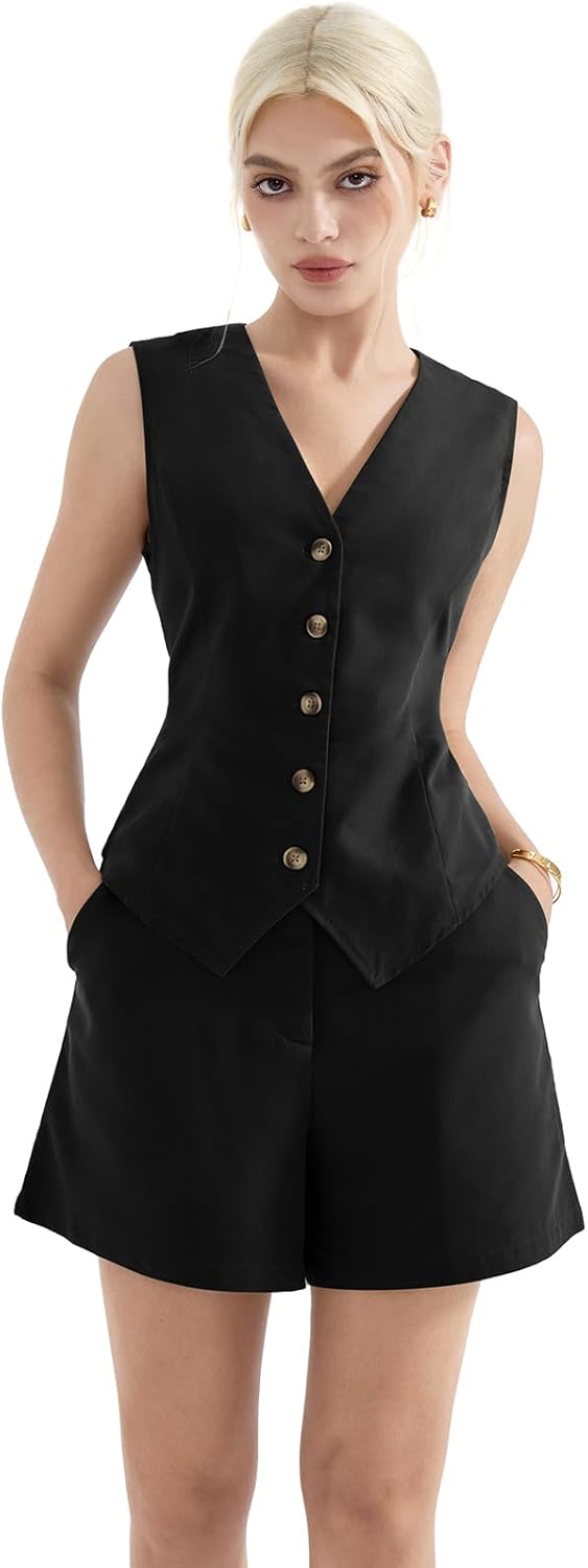 SUUKSESS Women's Summer 2 Piece Sets Button Down V Neck Vest Waistcoat and Pockets Shorts Sets - Image 3