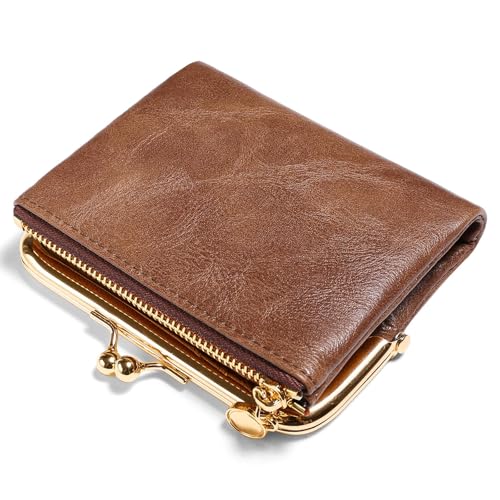 FALAN MULE Kleine kompakte Geldbörse für Damen, aus echtem Leder, mit Reißverschluss und Kussschloss, RFID Blockierung von Bifold Leder Geldbörsen mit Mehreren Kartenfächern und geräumigem Fach