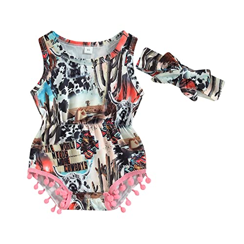 Image of Western Baby Girl Clothes Cow Print Romper Sleeveless Pompom Tassel Bodysuit Jumpsuit Headband Cute 2Pcs Summer Set (Pink Cow, 0-3 Months)