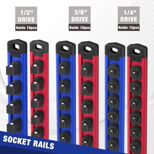 Image of WORKPRO 8-Piece Magnetic Socket Organizer and Magnetic Wrench Organizer Set, 1 /4 inch, 3 /8 inch, 1 /2 inch Drive Metric SAE Aluminum Alloy Socket Rail, Metric SAE Wrench Holder(Socket, Wrench not Included)