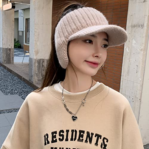 Image of Open Beanie with Earflaps Visor Brim Bun Ponytail Winter Golf Tennis Hats Women