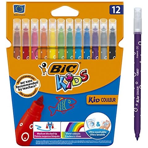 BIC Kids Kid Couleur, Washable Felt Tip Pens, Ideal for School, Assorted Colouring Pens, Wallet of 12 Cover
