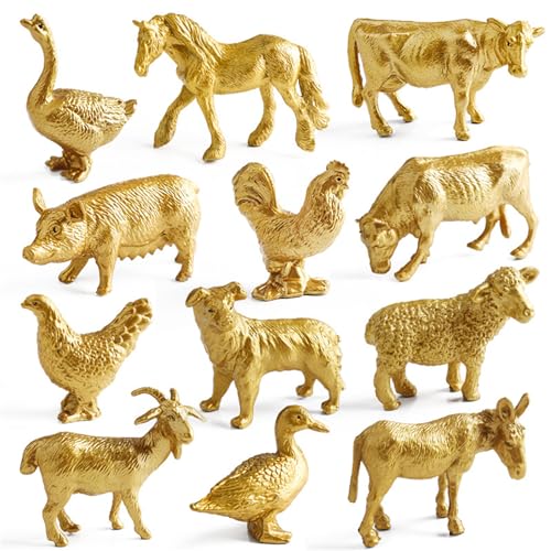 Juego de 12 figuras de animales de plástico dorado, modelo de animales de aves de corral de granja, figuras pequeñas, juguetes de aprendizaje, regalos educativos