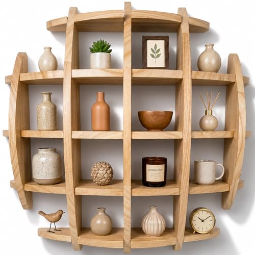 Eglesan Circle Wall Shelf Wall Mounted - 22.5 Inch Wooden Circular Wall Shelf for Mug Display - Coffee Cup Display Round Wall Shelf - Wood Sphere Display Shelf - Mug Display Cabinet