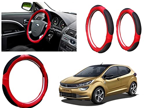 Image of Microfiber Car Steering Wheel Cover, Soft Padding Great Hand Feel, Anti-Slip, Faux Leather Steering Cover for Tata Altroz | Black Red Jali - Pack of 1