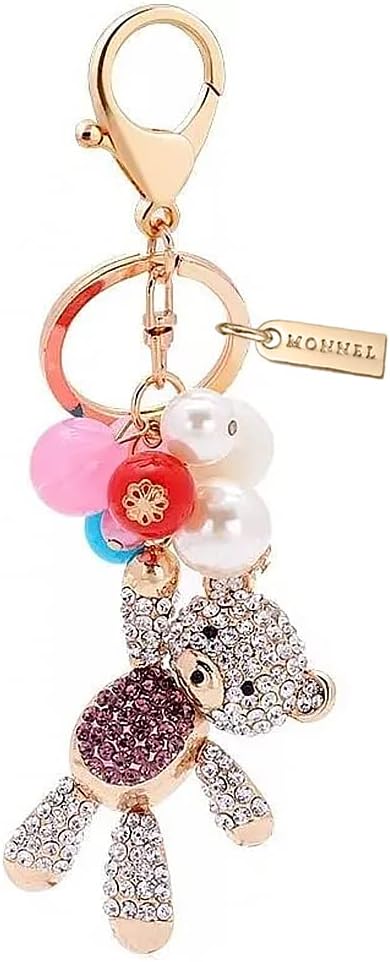 Women's Zinc Alloy Metal 3D Crystal Teddy Bear with Ball Charm Lobster Clasp Key Ring Keychain ZM26
