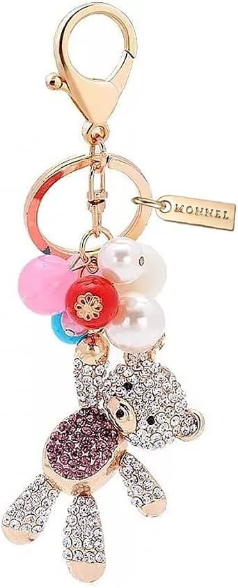 Womens Zinc Alloy Metal 3D Crystal Teddy Bear with Ball Charm Lobster Clasp Key Ring Keychain ZM26