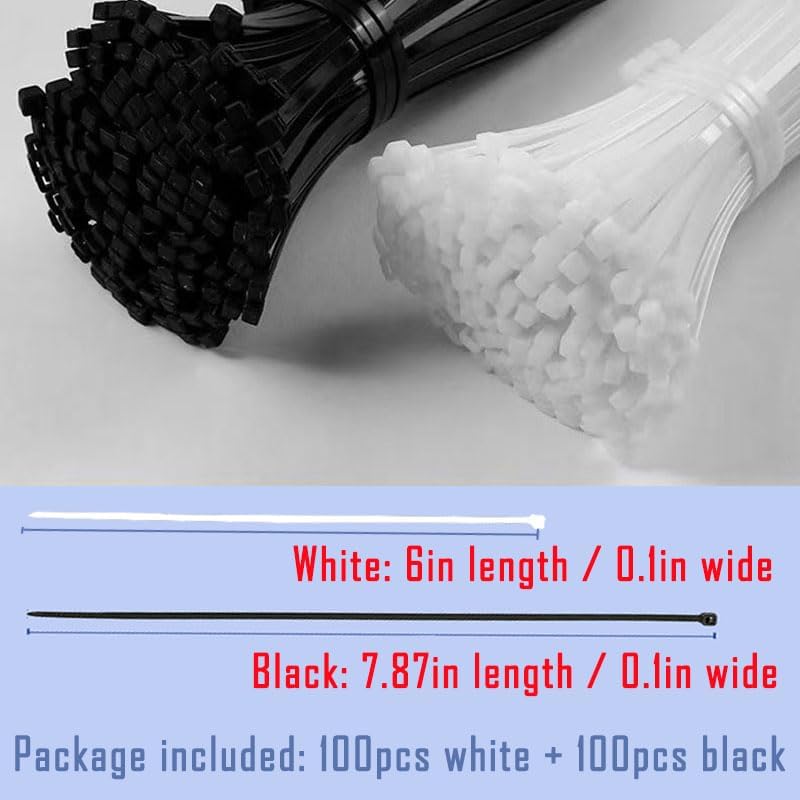200pcs Cable Zip Ties - 6 + 8 Inch Plastic Wire Ties with 50 Pounds Tensile Strength - Self-Locking Nylon Cable Cord Management for Garden Home Office (100pcs White & 100pcs Black)
