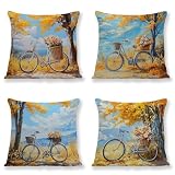 Jinmer Fahrradstrauß Kissenbezug 4er Set 70x70cm Herbst Dekoration Samt Kissenbezüge Moderne Mode Kissenhülle für Sofa Schlafzimmer Couch Outdoor Dekokissen