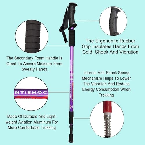 Image of Trekking Poles (2 Pack), Collapsible & Adjustable Hiking Sticks for Men & Women, Lightweight Aluminum Walking Poles with Anti-Shock System & Accessories - for Trekking, Hiking, Walking (Purple)