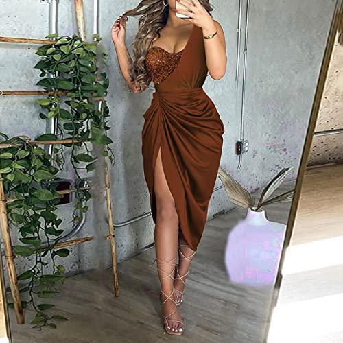 Uodsvp Plus Size Women's Dresses, Short Dresses Long Sleeve Women's Solid Color Sexy Sequin Slit Maxi Smocked One Shoulder Evening Dress Women's Spring Outfits 2059 Rose Laces Romper (Xxl, Brown) #TOP1