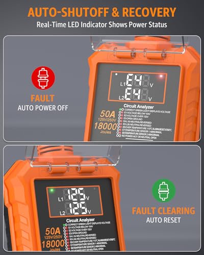 Image of RV Surge Protector 50 Amp with Smart LED Display for Camper | 18000J Circuit Analyzer, Waterproof, Auto Shutoff & Reset for High and Low Voltage, Fits Travel Trailers