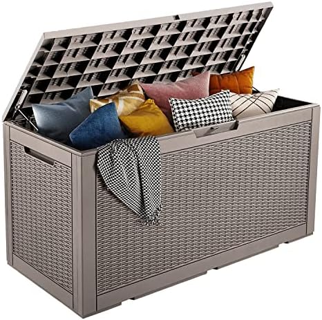 PayLessHere Deck Box 100 Gallons Storage Box Waterproof Outdoor Storage Box Bench with keyhole for Outdoor Garden Pool Patio Storage,Tan