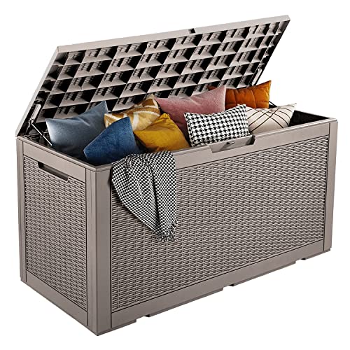 Paylesshere Deck Box 100 Gallons Storage Box Waterproof Outdoor Storage Box Bench With Keyhole For Outdoor Garden Pool Patio Storage,Tan #TOP23