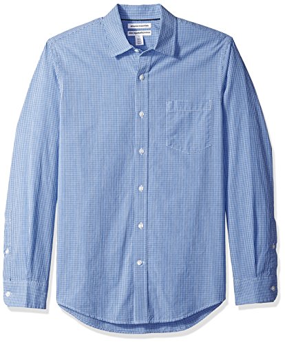 Amazon Essentials Men's Slim-Fit Long-Sleeve Casual Poplin Shirt, Blue Mini-Gingham, Medium