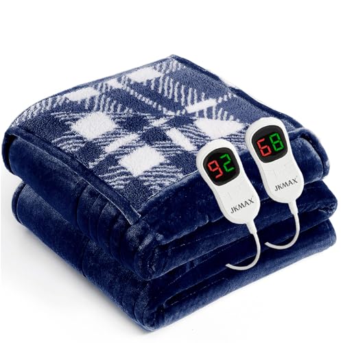 JKMAX Heated Electric Blanket King Size - 100x90 Flannel Heating Blanket with 10 Heating Levels & 5 Time Settings Over-Heat Protection Winter Warmer for Adults with ETL CertificationNavy Blue