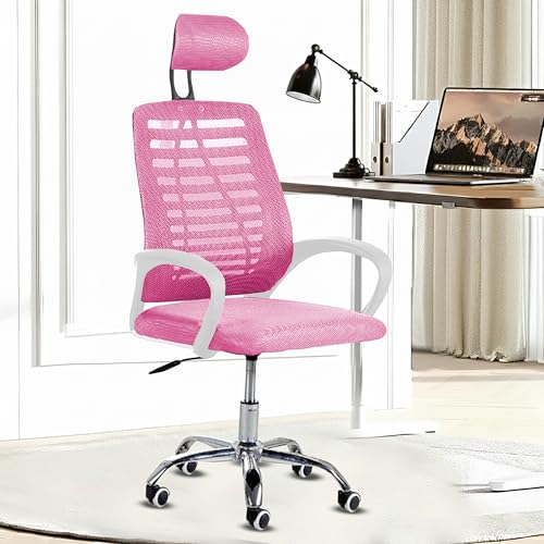 Image of Casa Copenhagen,Mesh Office Desk Chair,Rocking Ergonomic Computer Chair Adjustable High with Headrest and Comfortable Armrest Swivel - Pink & White Handle