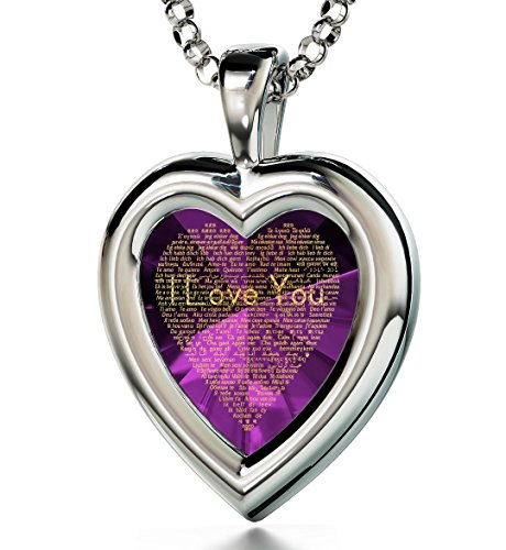925 Sterling Silver Romantic Heart Pendant I Love You Necklace for Women 24k Gold Inscribed in 120 Languages on Sparkling Purple Heart-Shaped Cubic Zirconia Gemstone, 18" Chain