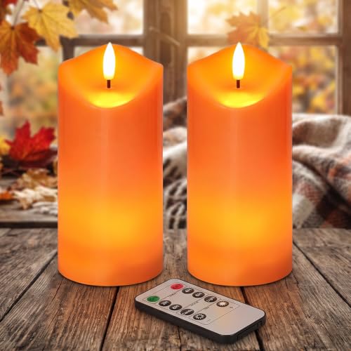 Image of Fall Decorations, Flameless Orange Pillar Candles with Remote